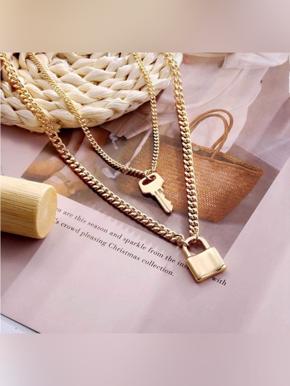 14k Gold Plated Lock & Key Necklace Set — Layered 2pc Chain